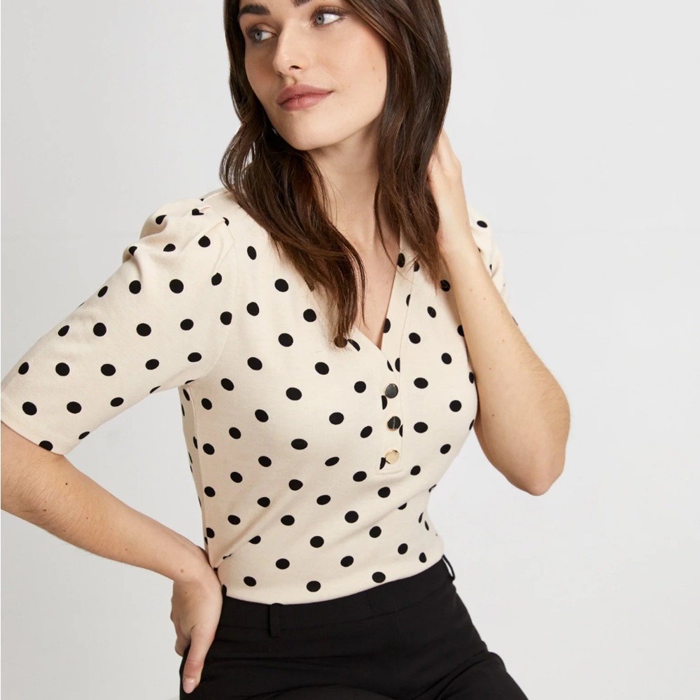 Laura Polka Dot V-Neck Top Tan Black - Picture 5 of 12